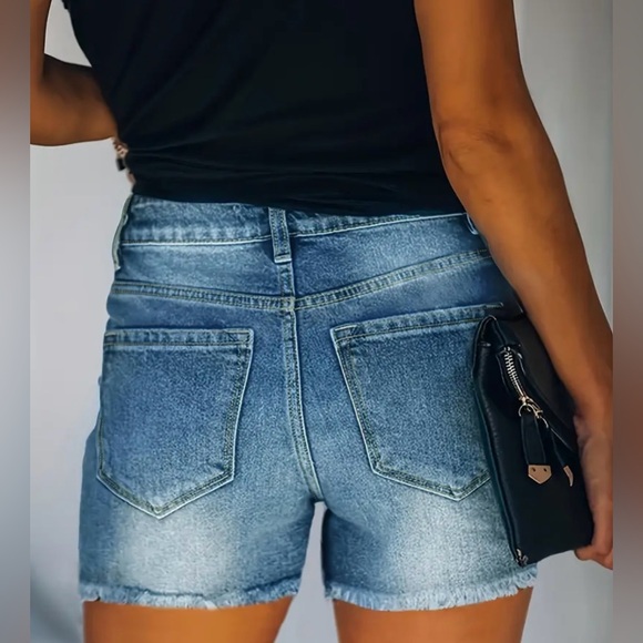Women’s Blue Frayed Hem Denim Shorts - Picture 2 of 8